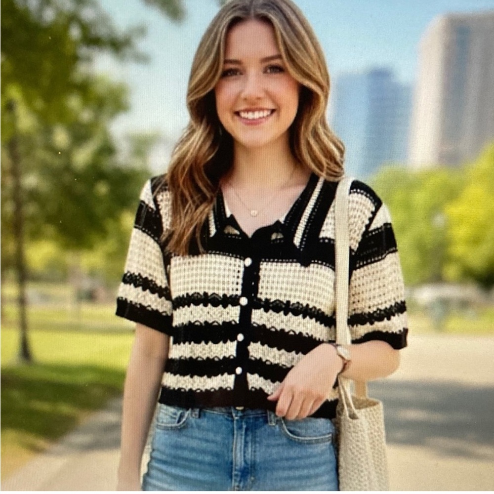 Solitaire Striped Crochet Cardigan Short sleeve Boho Style sz M - Picture 3 of 8